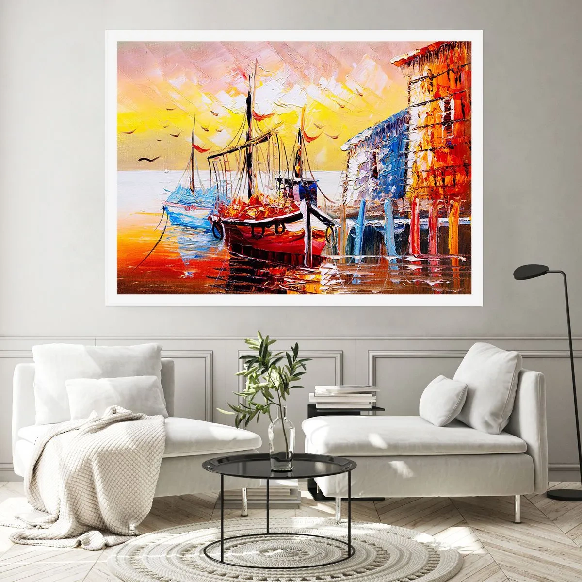Affiche - Poster - Port pittoresque au coucher du soleil avec des bateaux de pêche - 100x70cm - Bon retour - Décoration murale moderne pour le salon et la chambre ARTTOR