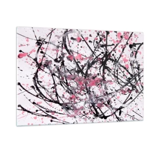 Impression sur verre - Image sur verre - Lignes abstraites dynamiques et taches roses sur fond blanc - 120x80cm - La nature éphémère de la vie - Décoration murale moderne pour le salon et la chambre ARTTOR