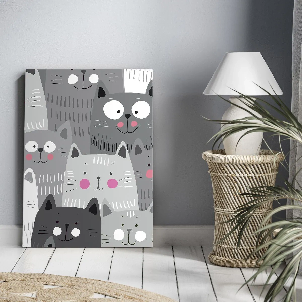 Impression sur toile - Image sur toile - Un motif amusant avec des chats dans des tons de gris - 80x120cm - Le monde des chats - Décoration murale moderne pour le salon et la chambre ARTTOR