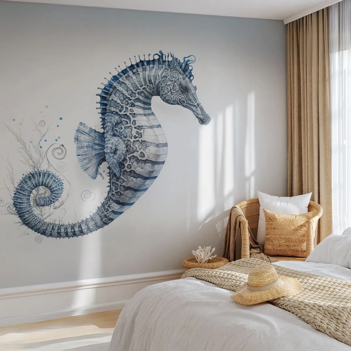 Papier Peint Photo Premium Sand - Hippocampe décoratif dans les tons bleu et gris - 100x70cm - Une subtile plaisanterie de la nature - Décoration murale moderne pour le salon et la chambre ARTTOR