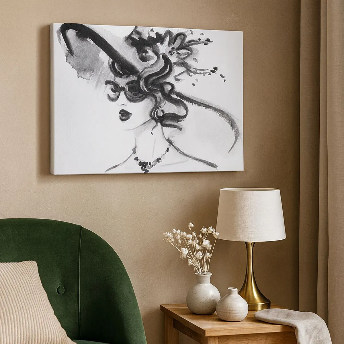 Impression sur toile - Image sur toile - Femme élégante avec un chapeau de style noir et blanc - 70x50cm - Une dame de caractère - Décoration murale moderne pour le salon et la chambre ARTTOR