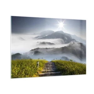 Impression sur verre - Image sur verre - Paysage de montagne avec brouillard et escaliers menant au sommet - 100x70cm - Toujours plus haut vers les nuages - Décoration murale moderne pour le salon et la chambre ARTTOR