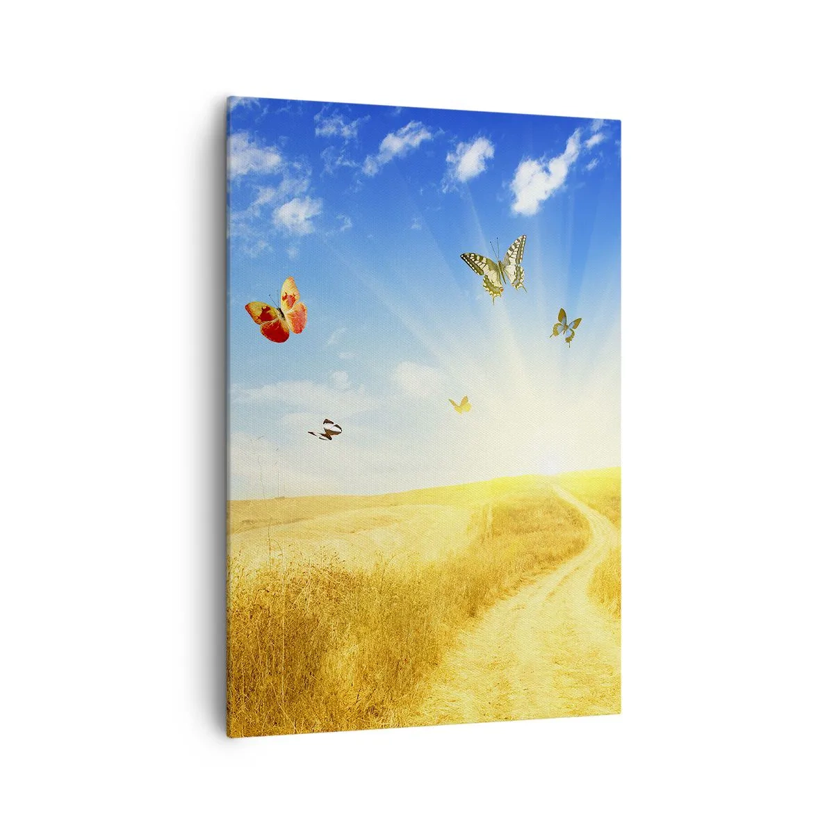 Impression sur toile - Image sur toile - Un champ doré, un chemin et des papillons contre un ciel bleu - 70x100cm - Et comment ne pas aimer l'été ? - Décoration murale moderne pour le salon et la chambre ARTTOR