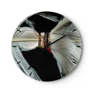 Horloge murale - Pendule murale - Alliances en or posées sur des plumes blanches sur fond noir - 30x30cm - ... et je ne te laisserai pas ... - Décoration murale moderne pour le salon, la cuisine et la chambre ARTTOR