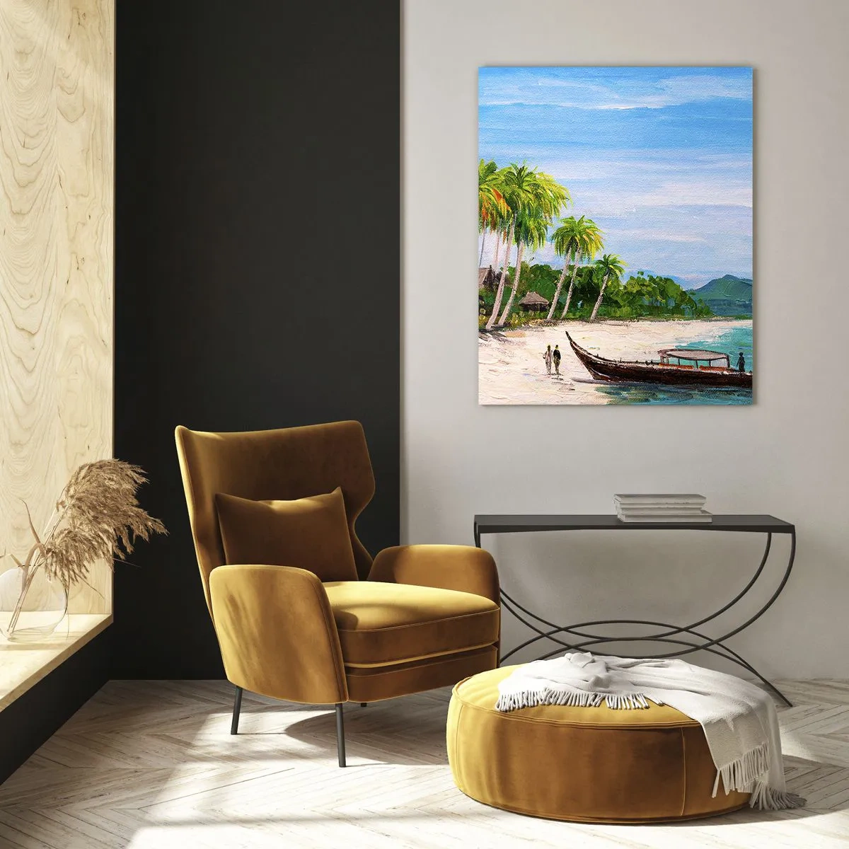 Impression sur verre - Image sur verre - Plage tropicale avec un bateau et des palmiers à côté de huttes traditionnelles - 50x70cm - Rêve exotique - Décoration murale moderne pour le salon et la chambre ARTTOR