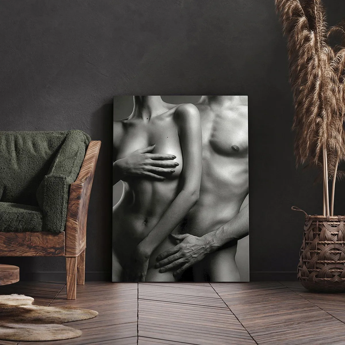 Impression sur toile - Image sur toile - Représentation en noir et blanc de corps féminins et masculins dans une pose artistique - 50x70cm - Adam et Eve - Décoration murale moderne pour le salon et la chambre ARTTOR