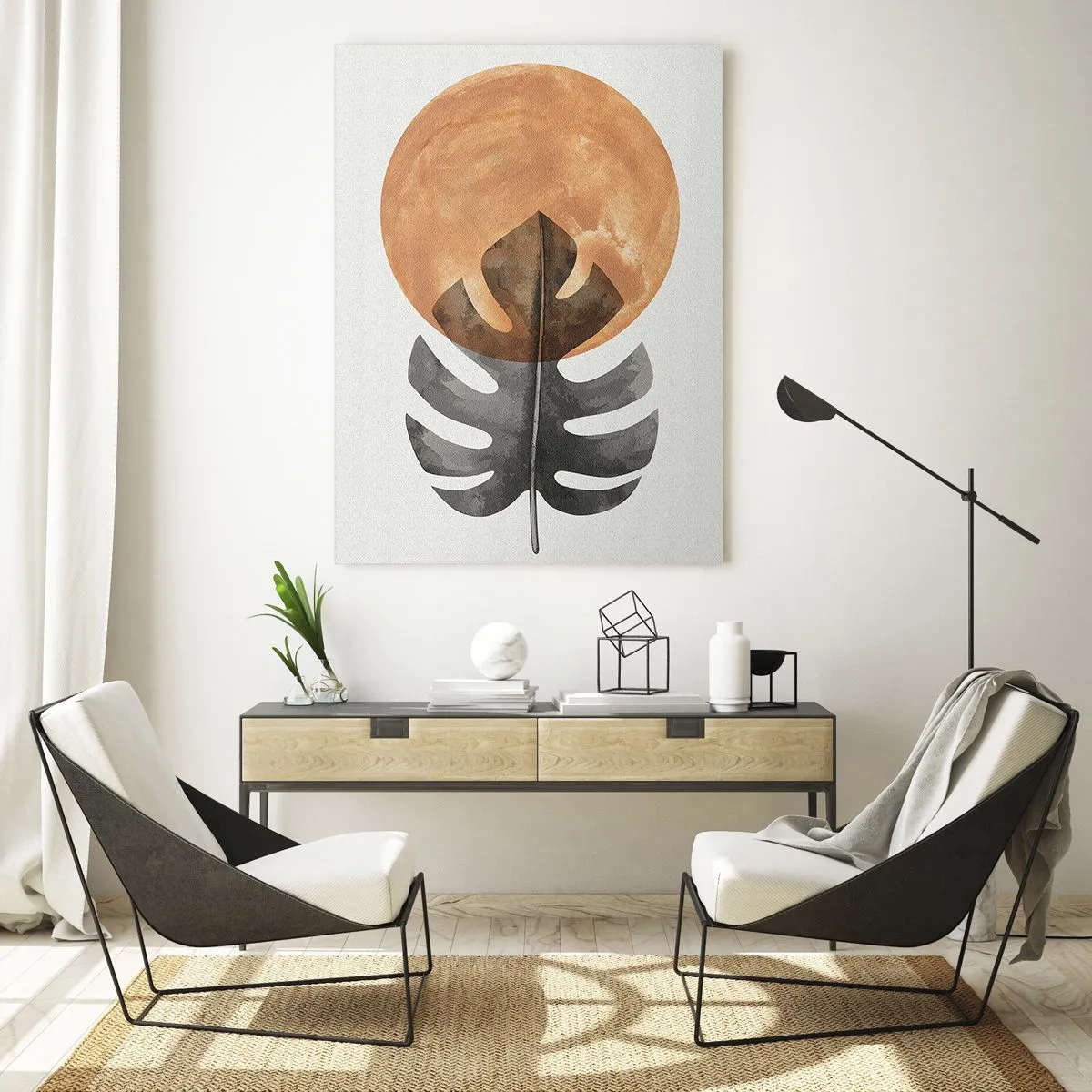 Impression sur verre - Image sur verre - Feuille de Monstera et cercle doré sur fond clair - 80x120cm - Toujours le soleil - Décoration murale moderne pour le salon et la chambre ARTTOR