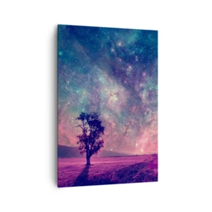 Impression sur toile - Image sur toile - Un arbre contre un ciel étoilé aux couleurs violettes et bleues - 70x100cm - Sous un ciel magique - Décoration murale moderne pour le salon et la chambre ARTTOR