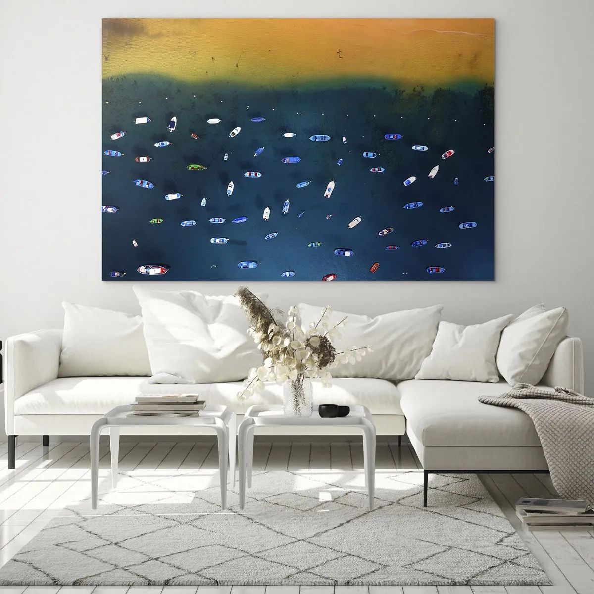Impression sur verre - Image sur verre - Des bateaux sur fond d'eau turquoise et de rivage doré - 120x80cm - Jeu de vacances - Décoration murale moderne pour le salon et la chambre ARTTOR