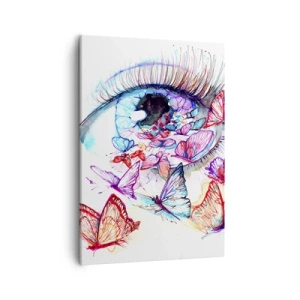 Impression sur toile - Image sur toile - Un œil aquarelle entouré de papillons colorés - 50x70cm - Charme des yeux de conte de fées - Décoration murale moderne pour le salon et la chambre ARTTOR