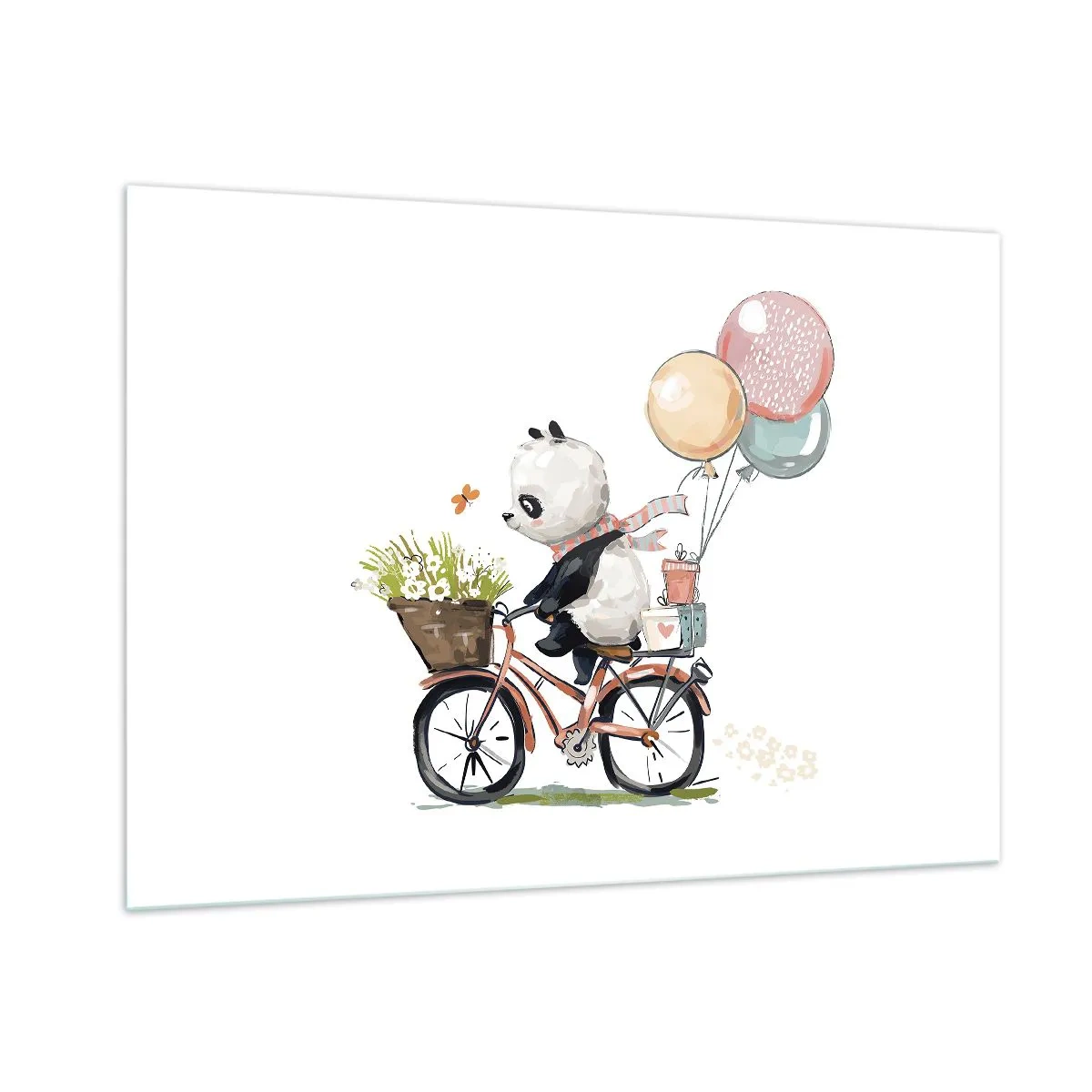 Impression sur verre - Image sur verre - Un panda faisant du vélo avec des ballons et un panier de fleurs. - 100x70cm - Jour de chance - Décoration murale moderne pour le salon et la chambre ARTTOR