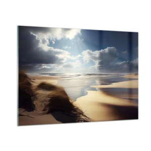 Impression sur verre - Image sur verre - Une plage sauvage illuminée par les rayons du soleil sous les nuages - 100x70cm - Plage, plage sauvage - Décoration murale moderne pour le salon et la chambre ARTTOR