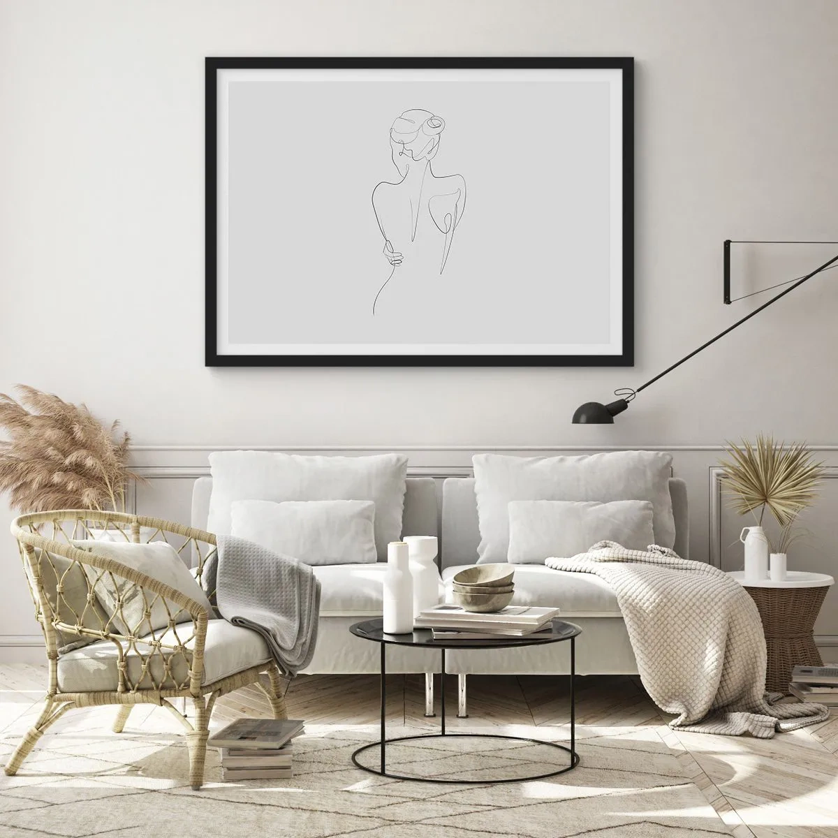 Affiche dans un cadre noir - Poster - Une ligne de contour montrant une silhouette féminine sur un fond clair - 100x70cm - Musique corporelle - Décoration murale moderne pour le salon et la chambre ARTTOR