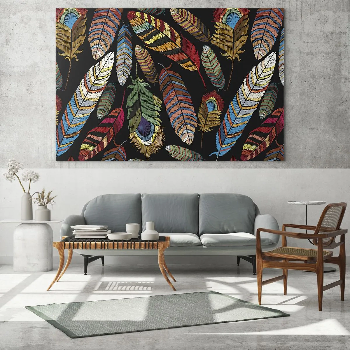 Impression sur verre - Image sur verre - Plumes colorées sur fond noir - 160x50cm - Le carnaval des oiseaux - Décoration murale moderne pour le salon et la chambre ARTTOR