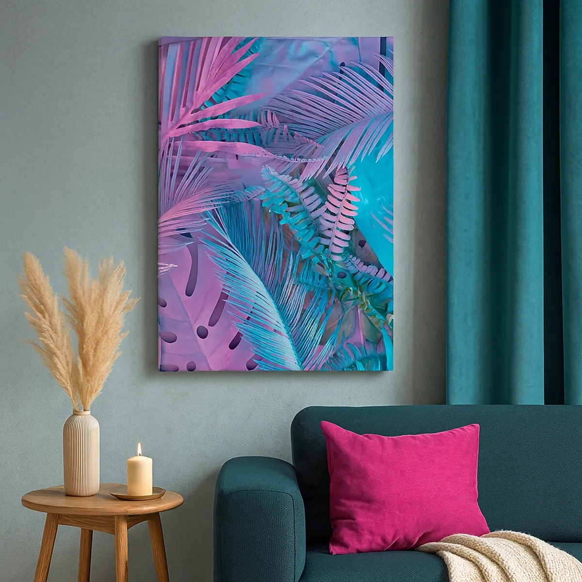 Impression sur toile - Image sur toile - Feuilles tropicales dans les tons de rose et de bleu - 50x70cm - Les tropiques en rose et bleu - Décoration murale moderne pour le salon et la chambre ARTTOR