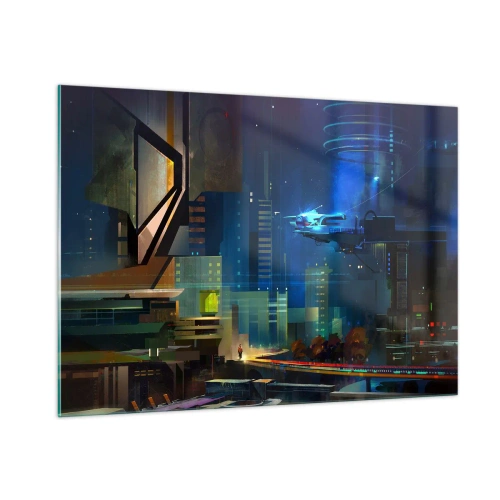 Impression sur verre - Image sur verre - Ville futuriste la nuit avec des néons et un véhicule volant - 100x70cm - Dans le futur proche - Décoration murale moderne pour le salon et la chambre ARTTOR
