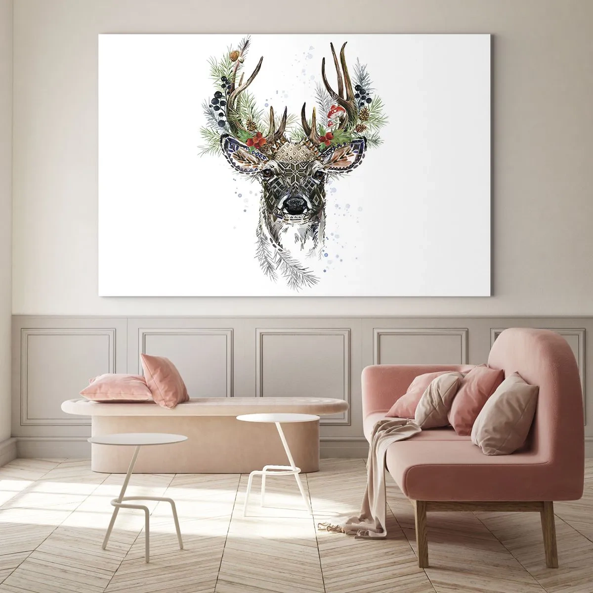 Impression sur verre - Image sur verre - Portrait d'un cerf avec des décorations de Noël, des branches et des baies - 100x70cm - En robe de fête - Décoration murale moderne pour le salon et la chambre ARTTOR