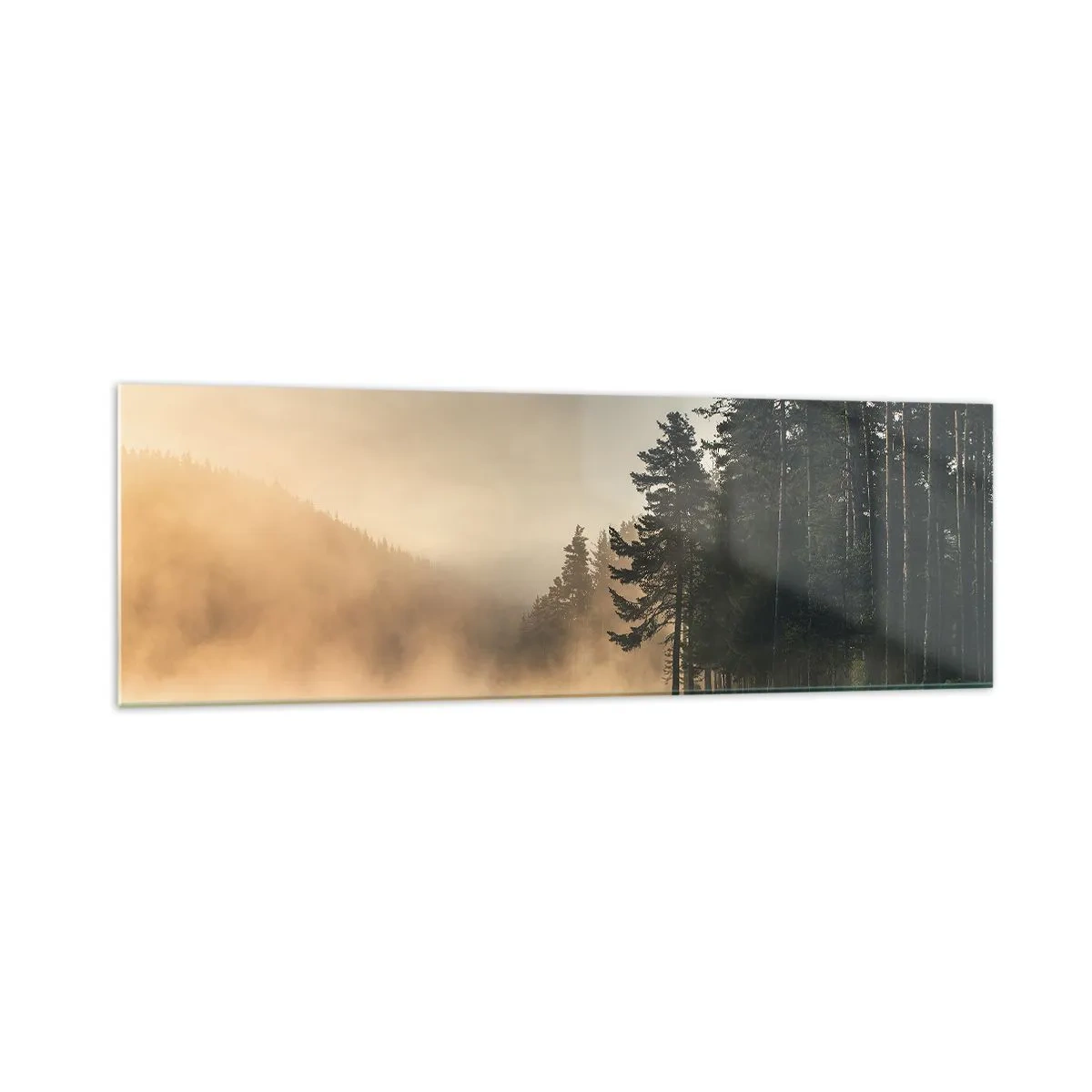 Impression sur verre - Image sur verre - Une forêt brumeuse sur un lac calme - 160x50cm - Naissance du jour - Décoration murale moderne pour le salon et la chambre ARTTOR