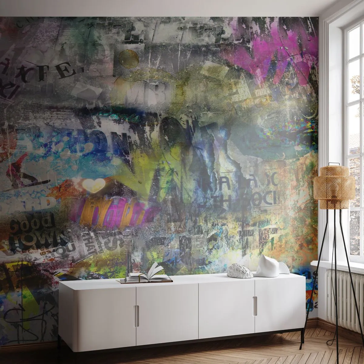 Papier Peint Photo Premium Sand - Abstraction colorée avec des couches de graffitis et de lettrage - 100x70cm - Collage de souvenirs - Décoration murale moderne pour le salon et la chambre ARTTOR