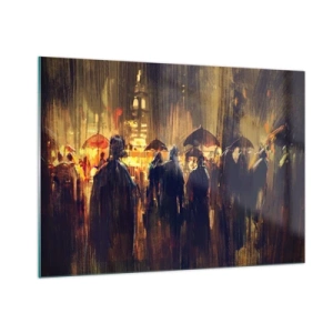 Impression sur verre - Image sur verre - Une foule avec des parapluies sous la pluie sur fond de lumières de la ville - 100x70cm - Adeptes de la pluie - Décoration murale moderne pour le salon et la chambre ARTTOR