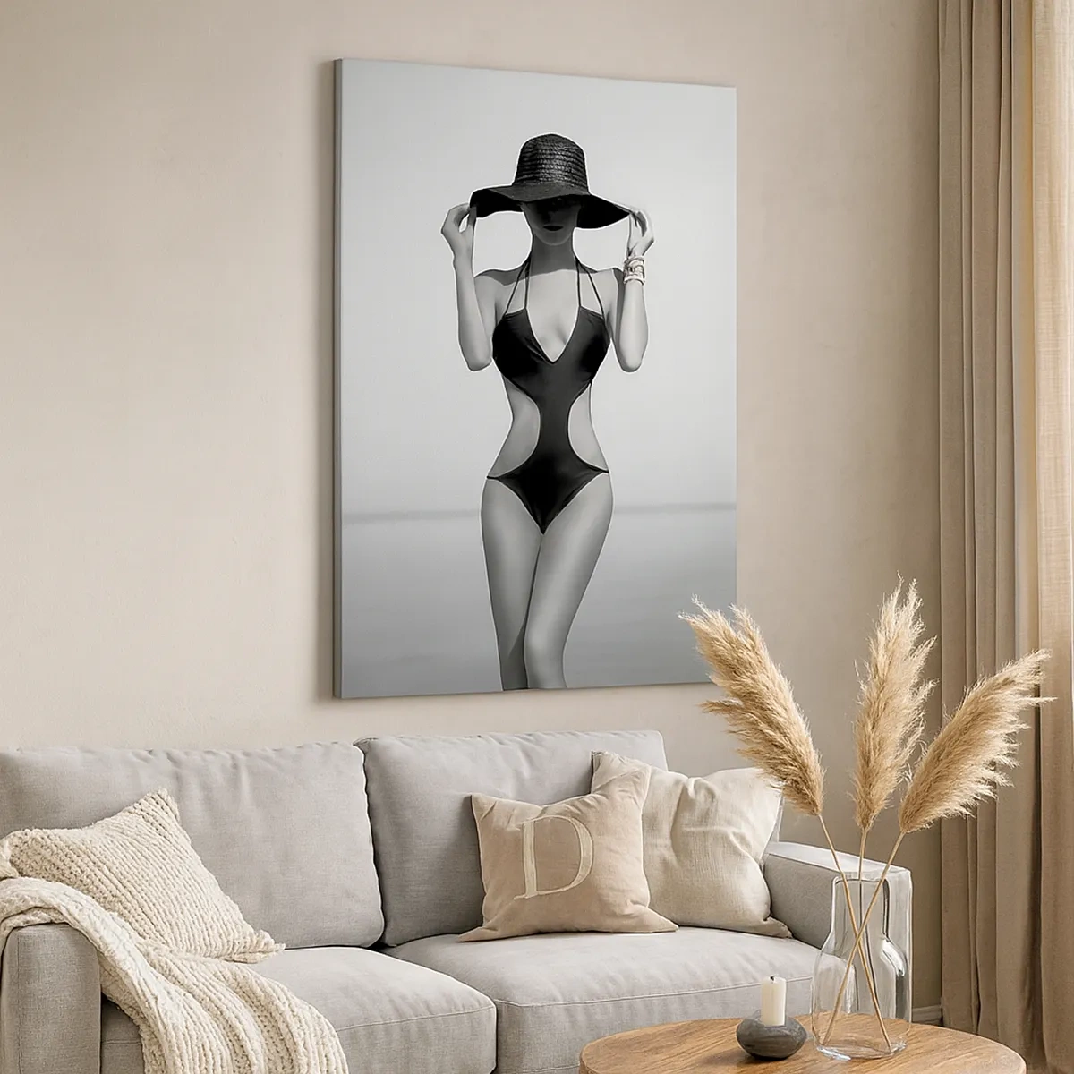 Impression sur toile - Image sur toile - Silhouette noire et blanche d'une femme portant un chapeau sur fond de mer - 50x70cm - Mon prénom? Élégance - Décoration murale moderne pour le salon et la chambre ARTTOR