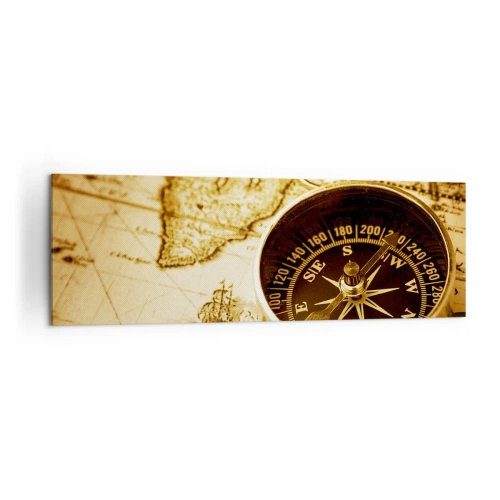 Impression sur toile - Image sur toile - Une boussole antique sur fond d'une vieille carte du monde - 160x50cm - Est ou ouest? - Décoration murale moderne pour le salon et la chambre ARTTOR