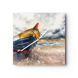 Horloge murale - Pendule murale - Un bateau pittoresque sur la plage sous un ciel nuageux - 30x30cm - Repos sur le rivage - Décoration murale moderne pour le salon et la chambre ARTTOR