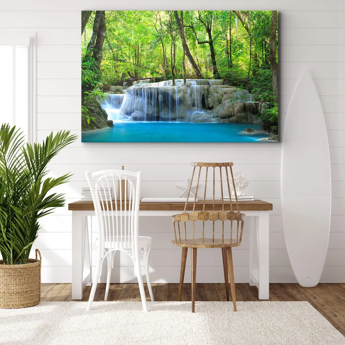 Impression sur toile - Image sur toile - Une cascade parmi des arbres verts avec de l'eau bleue dans un cadre naturel - 120x80cm - Se noyer dans le turquoise et le vert - Décoration murale moderne pour le salon et la chambre ARTTOR