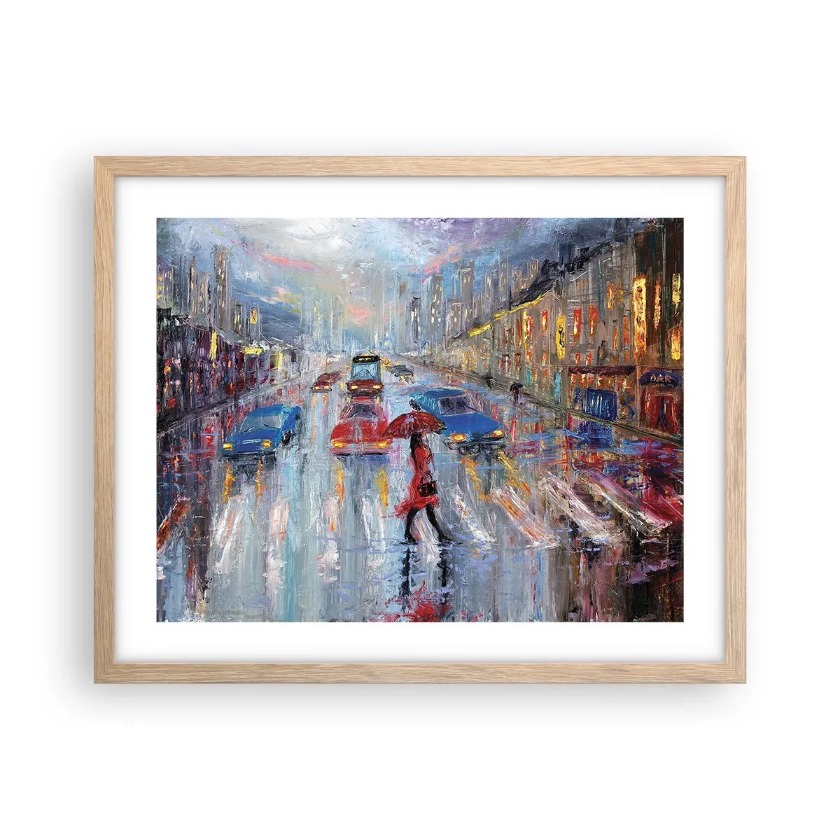 Affiche dans un chêne clair - Poster - Après-midi pluvieux en ville - 50x40 cm