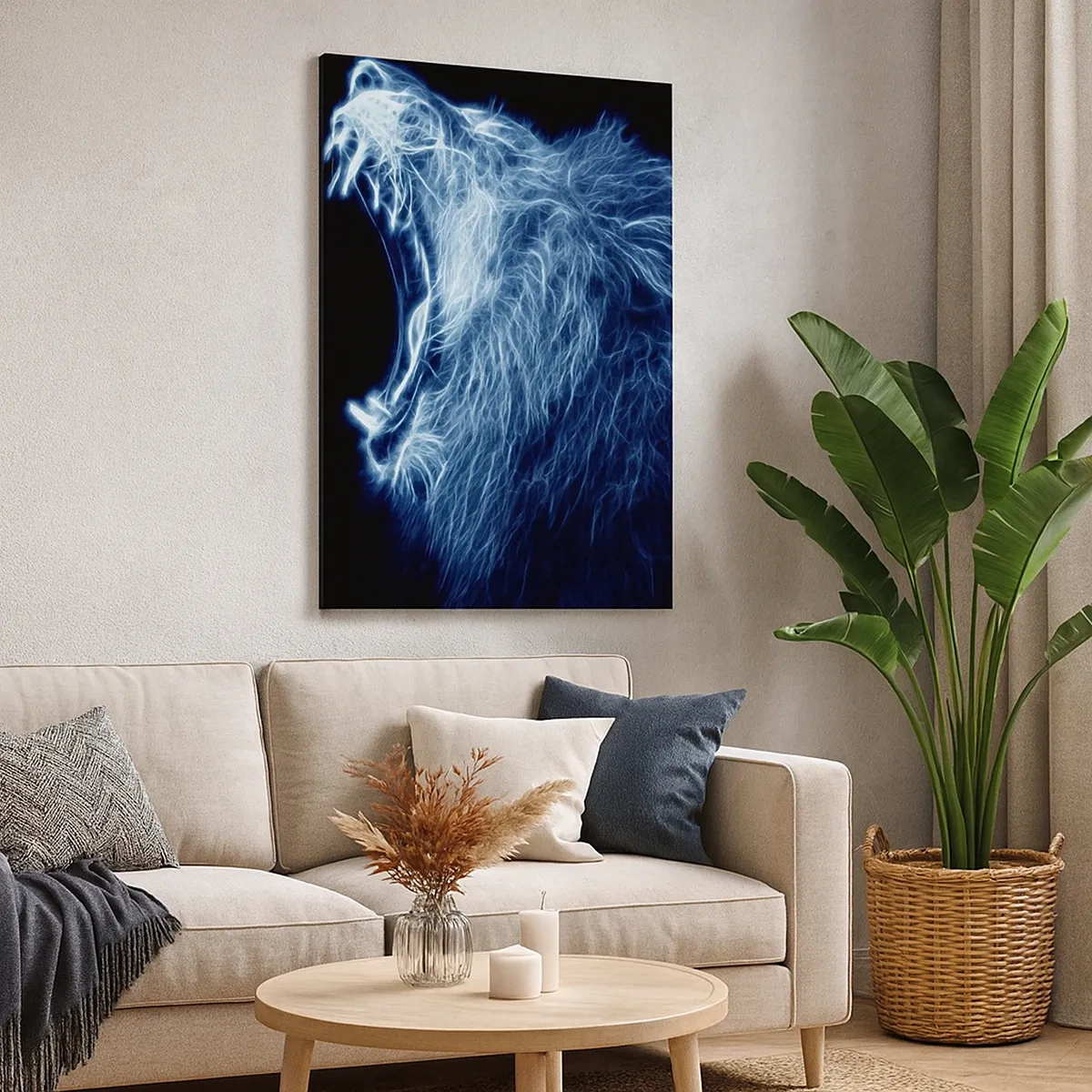 Impression sur toile - Image sur toile - Un visage saisissant de lion dans un style néon - 50x70cm - La colère ardente du roi - Décoration murale moderne pour le salon et la chambre ARTTOR