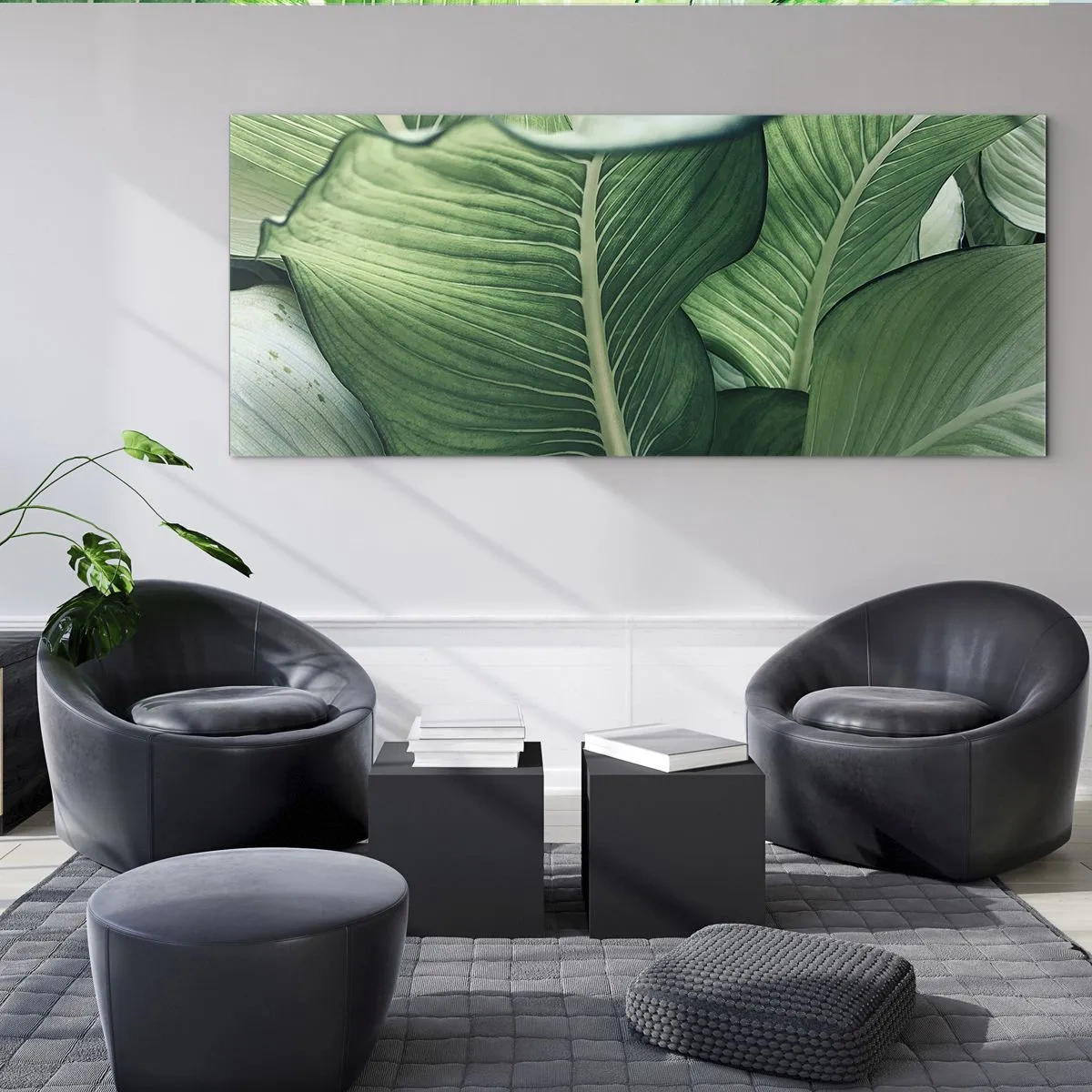 Impression sur verre - Image sur verre - Feuilles vertes avec des détails et une structure expressifs - 160x50cm - Une vie intensément verte - Décoration murale moderne pour le salon et la chambre ARTTOR