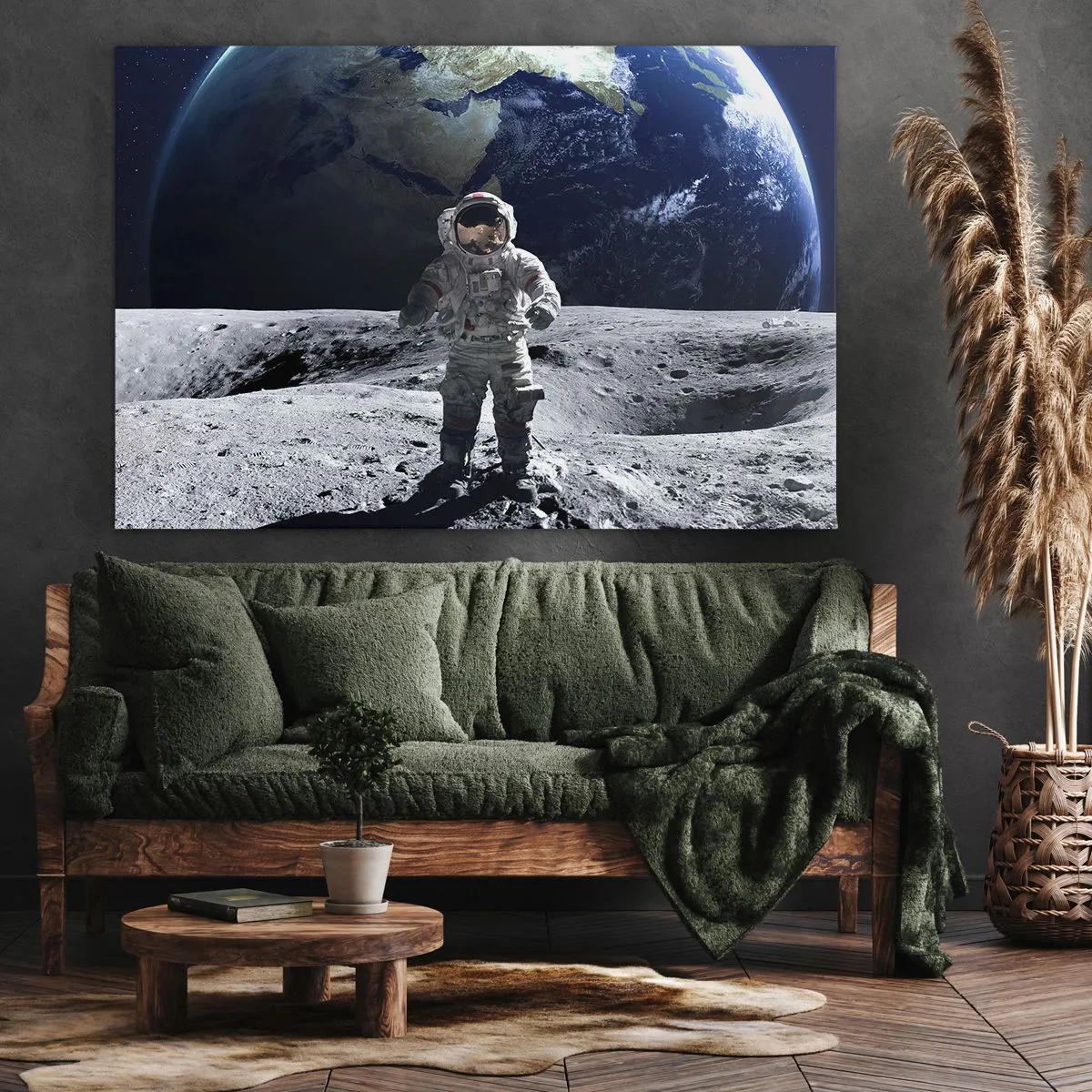 Impression sur toile - Image sur toile - Astronaute à la surface de la Lune avec la Terre en arrière-plan - 70x50cm - Salutations de la lune - Décoration murale moderne pour le salon et la chambre ARTTOR