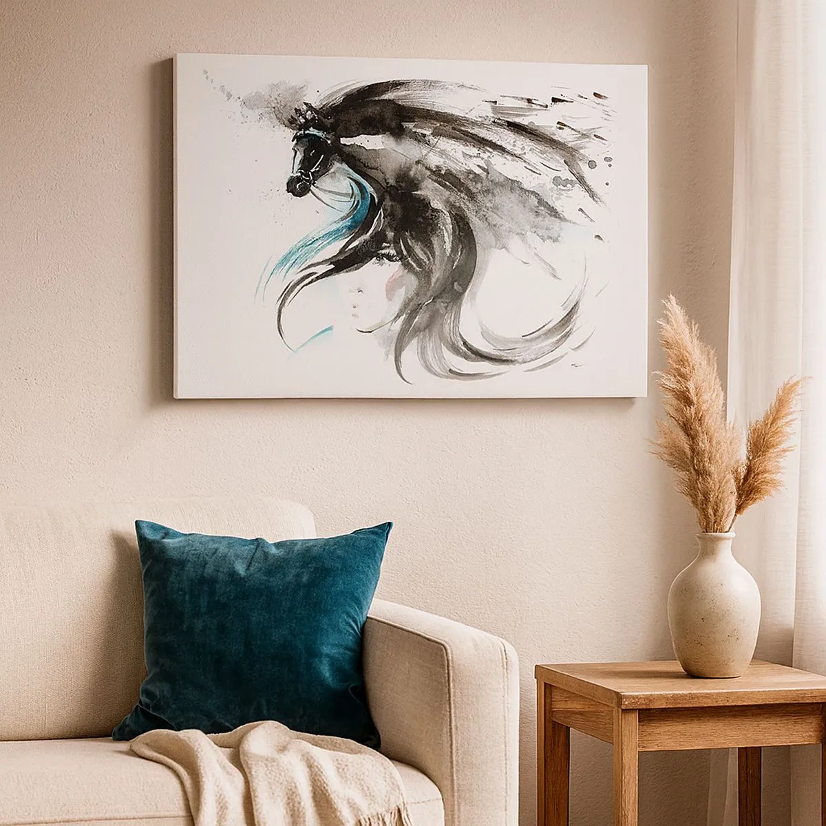 Impression sur toile - Image sur toile - Une femme et un cheval dans une aquarelle mystique pleine de dynamique - 70x50cm - Galop du prince noir - Décoration murale moderne pour le salon et la chambre ARTTOR