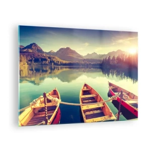 Impression sur verre - Image sur verre - Bateaux en bois sur un lac calme entouré de montagnes - 70x50cm - Vivre selon ses règles - Décoration murale moderne pour le salon et la chambre ARTTOR