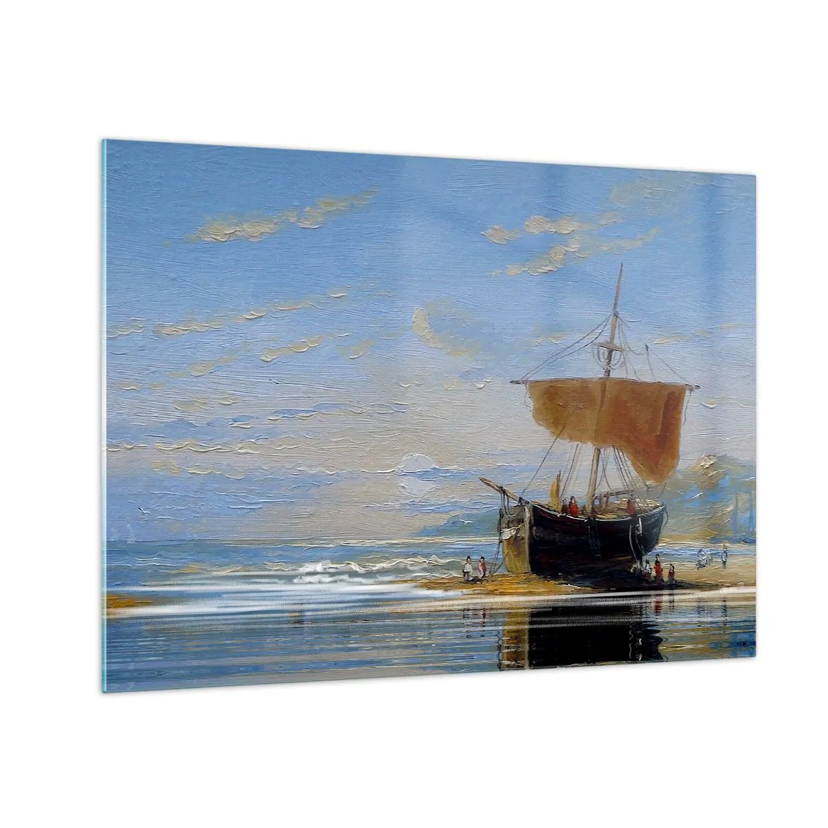 Impression sur verre - Image sur verre - Un navire avec une voile au bord de la mer dans un style pictural - 70x50cm - Eau, terre, air - Décoration murale moderne pour le salon et la chambre ARTTOR