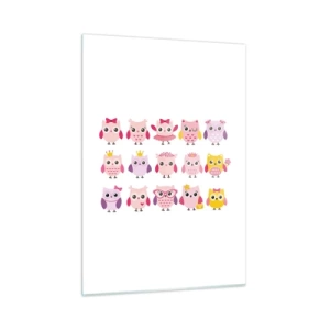 Impression sur verre - Image sur verre - Hiboux colorés aux motifs variés sur fond blanc - 50x70cm - L'un est plus doux que l'autre - Décoration murale moderne pour le salon et la chambre ARTTOR