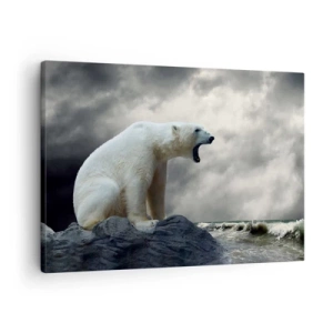 Impression sur toile - Image sur toile - Un ours polaire sur les rochers au-dessus d'une mer agitée - 70x50cm - Roi solitaire de l'Arctique - Décoration murale moderne pour le salon et la chambre ARTTOR
