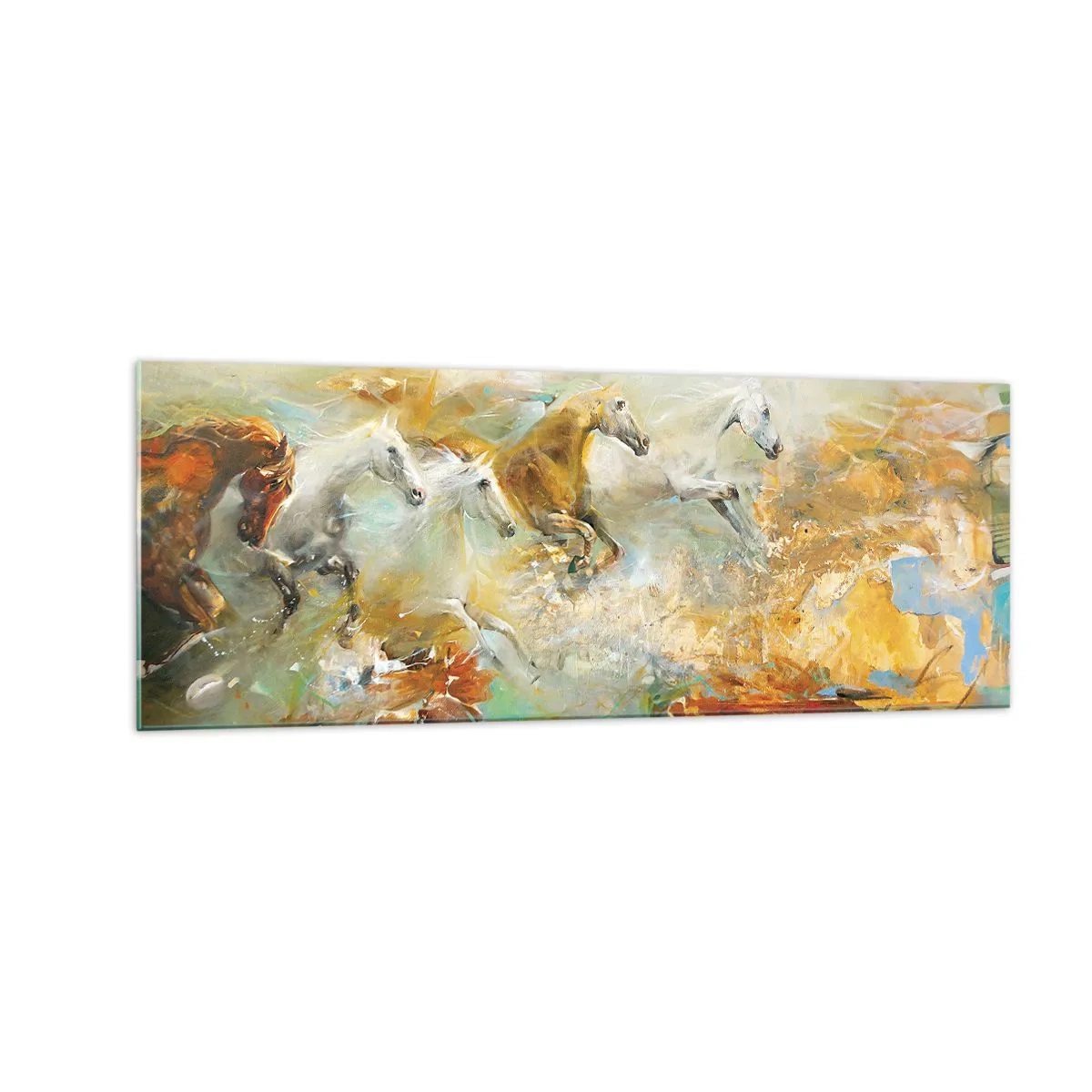 Impression sur verre - Image sur verre - Des chevaux artistiques dans un cadre dynamique et coloré - 140x50cm - Au galop vers la lumière - Décoration murale moderne pour le salon et la chambre ARTTOR