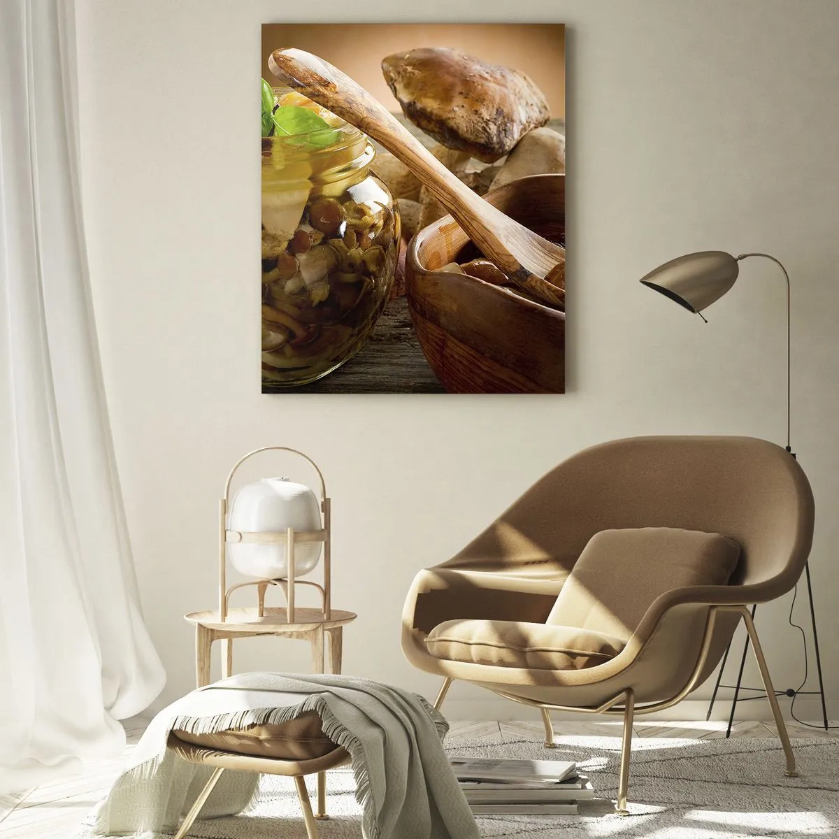 Impression sur verre - Image sur verre - Champignons naturels dans un bocal sur une table rustique - 80x120cm - Que ce soit frais ou salé, ou en automne... - Décoration murale moderne pour le salon et la chambre ARTTOR