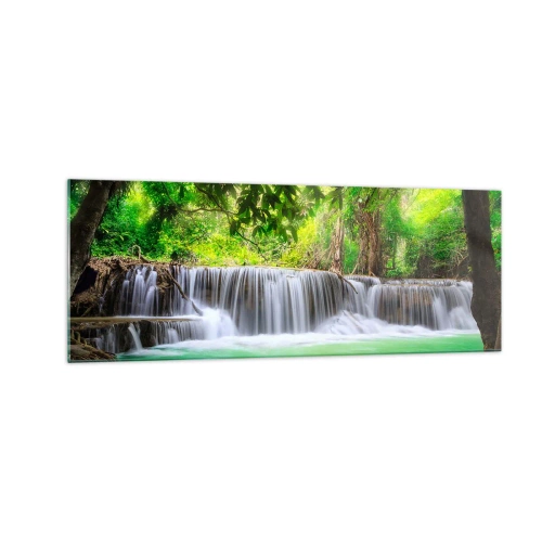 Impression sur verre - Image sur verre - Une cascade verte entourée d'une végétation tropicale dense - 140x50cm - Une cascade de vert - Décoration murale moderne pour le salon et la chambre ARTTOR