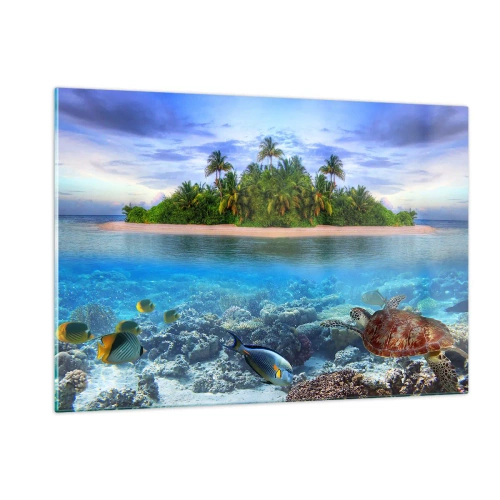 Impression sur verre - Image sur verre - Une île tropicale avec un récif corallien et une vie marine - 120x80cm - L'île céleste vous invite - Décoration murale moderne pour le salon et la chambre ARTTOR