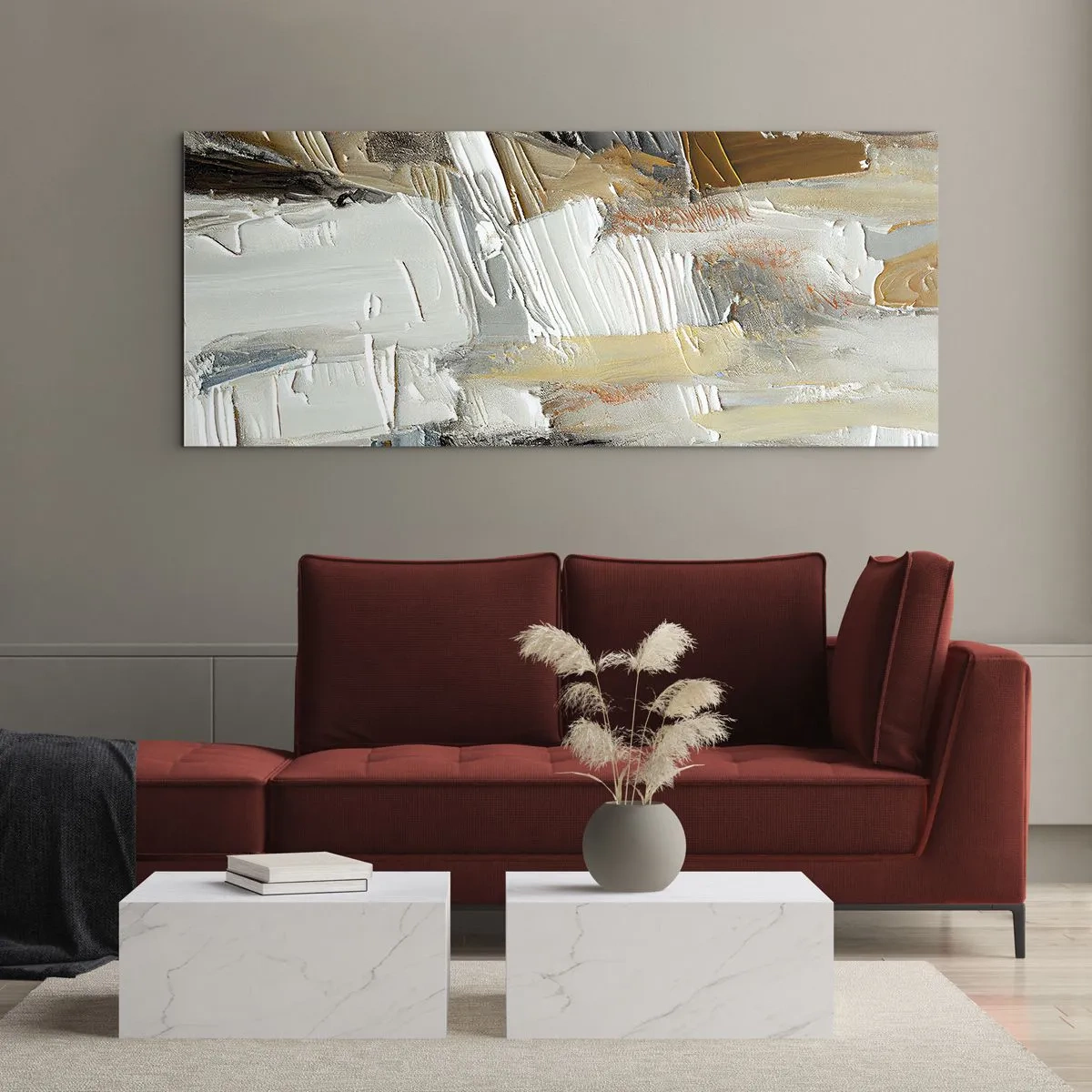 Impression sur verre - Image sur verre - Abstraction texturale dans des tons terre et blanc - 140x50cm - Couches colorées - Décoration murale moderne pour le salon et la chambre ARTTOR