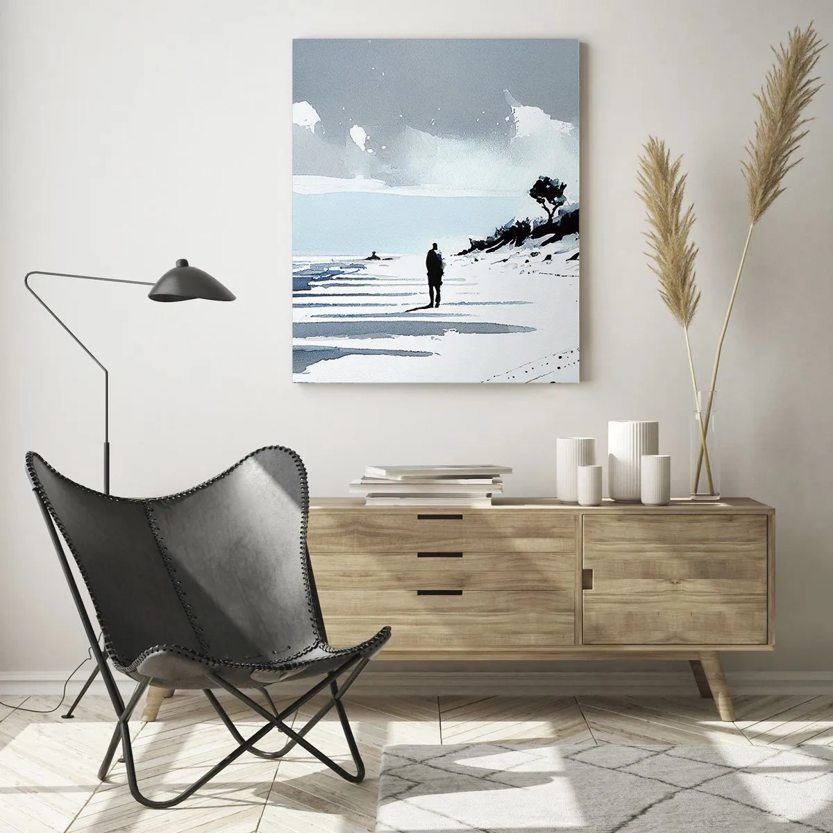 Impression sur verre - Image sur verre - Une silhouette solitaire marchant sur une plage déserte - 80x120cm - Seul à seul - Décoration murale moderne pour le salon et la chambre ARTTOR