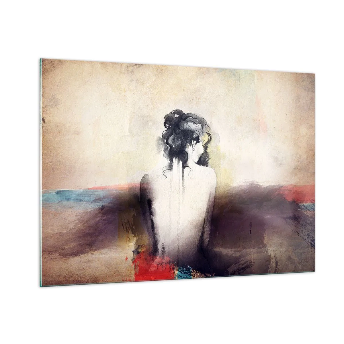 Impression sur verre - Image sur verre - Un portrait subtil d'une femme sur un fond de paysage pastel. - 100x70cm - Lignes lisses, formes ovales - Décoration murale moderne pour le salon et la chambre ARTTOR