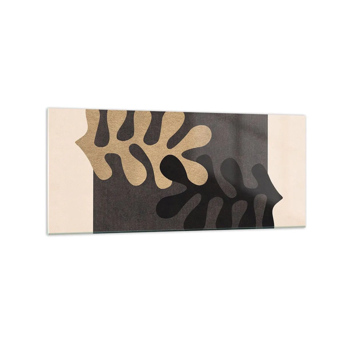 Impression sur verre - Image sur verre - Feuilles abstraites en noir et beige sur un fond rectangulaire - 120x50cm - Absence et complément - Décoration murale moderne pour le salon et la chambre ARTTOR