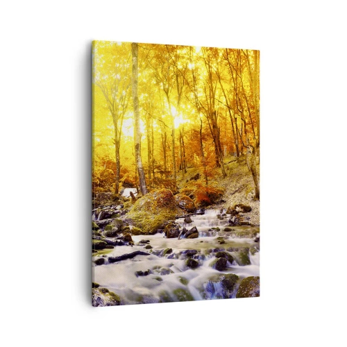 Impression sur toile - Image sur toile - Forêt d'automne avec un ruisseau parmi les feuilles dorées - 50x70cm - Pierres serties d'or et de platine - Décoration murale moderne pour le salon et la chambre ARTTOR