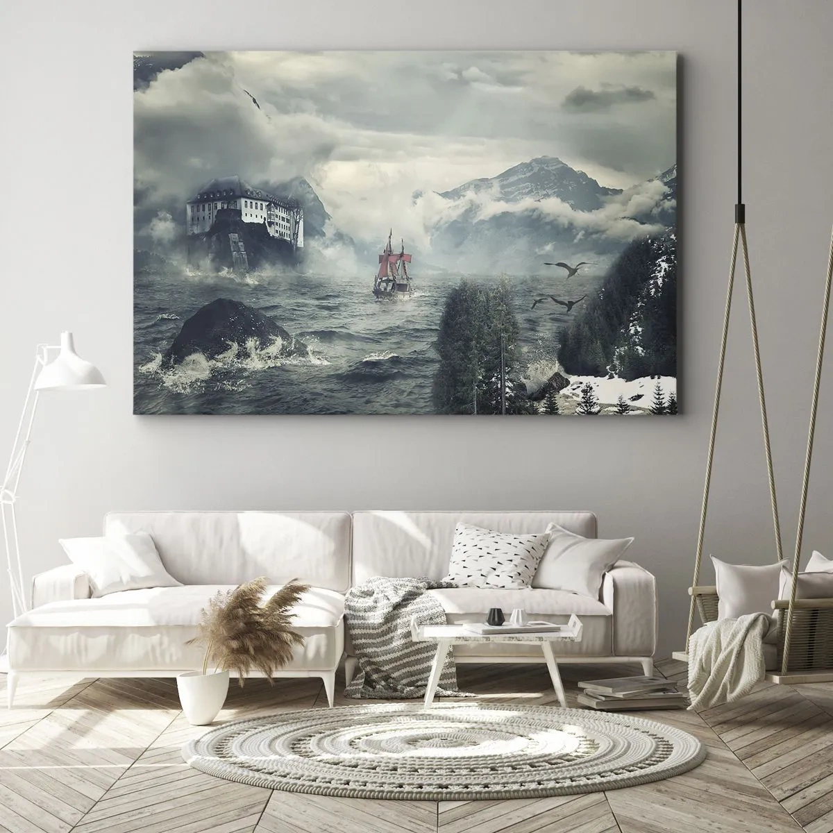Impression sur toile - Image sur toile - Un paysage mystérieux avec un château, des montagnes et un navire - 70x50cm - Dans l'eau magique - Décoration murale moderne pour le salon et la chambre ARTTOR