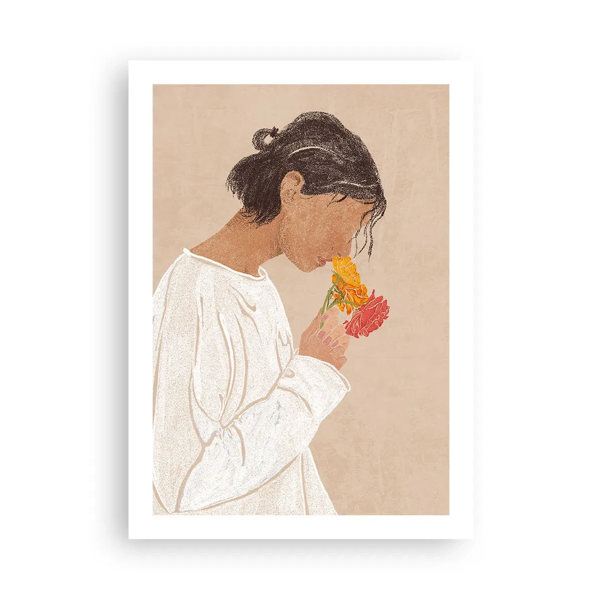 Affiche - Poster - Une femme en blanc réfléchissant sur des fleurs - 50x70cm - Fille et fleurs - Décoration murale moderne pour le salon et la chambre ARTTOR