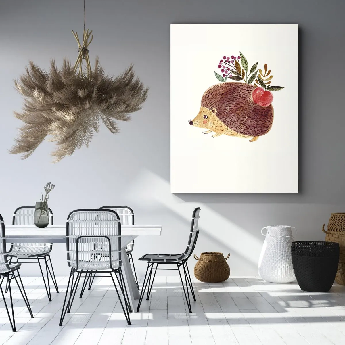 Impression sur toile - Image sur toile - Un hérisson mignon avec une pomme et des plantes dans un style illustratif - 70x100cm - Et tu m’apprécies déjà - Décoration murale moderne pour le salon et la chambre ARTTOR