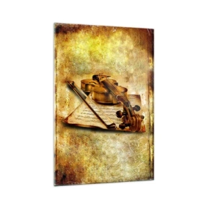 Impression sur verre - Image sur verre - Un violon avec une partition sur un fond vintage aux tons chauds - 70x100cm - Besoin immédiat d'un virtuose - Décoration murale moderne pour le salon et la chambre ARTTOR